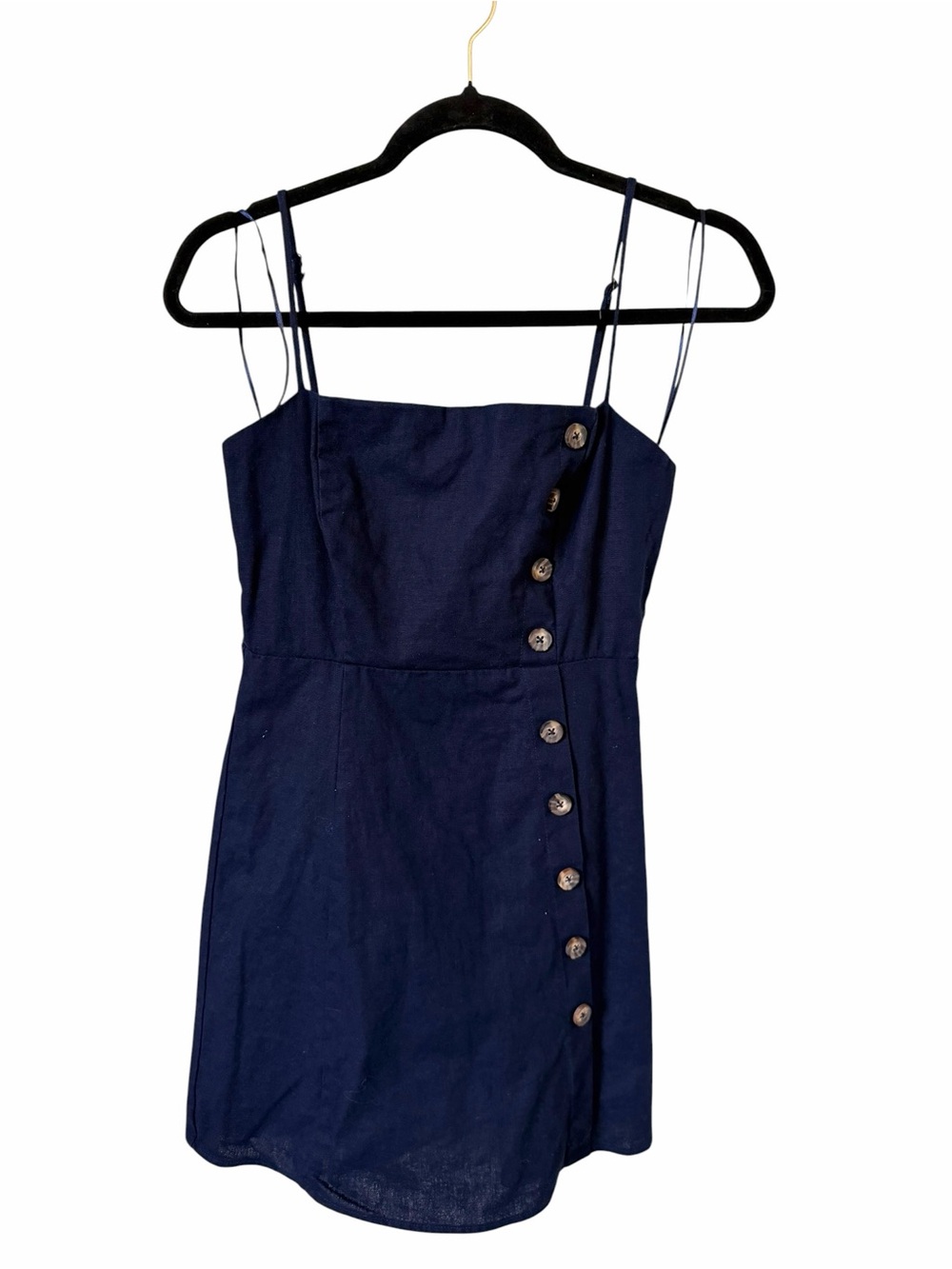 Navy Coastal Side-Button Spaghetti Strap summer Mini linen blend Dress